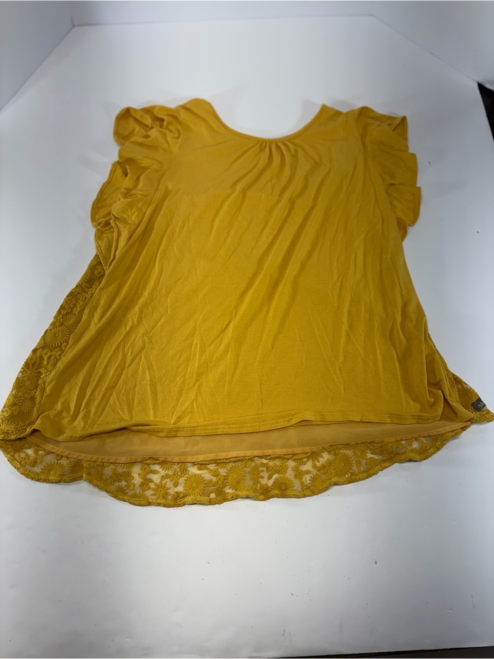Matilda Jane Mustard Yellow Lace Blouse Ruffle Cap Sleeve Layered Top Med M